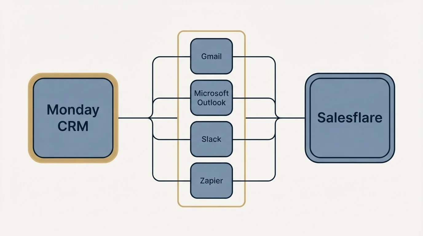 Integration schematic: Integration Ecosystem (Monday CRM, Salesflare, Gmail, Microsoft Outlook)