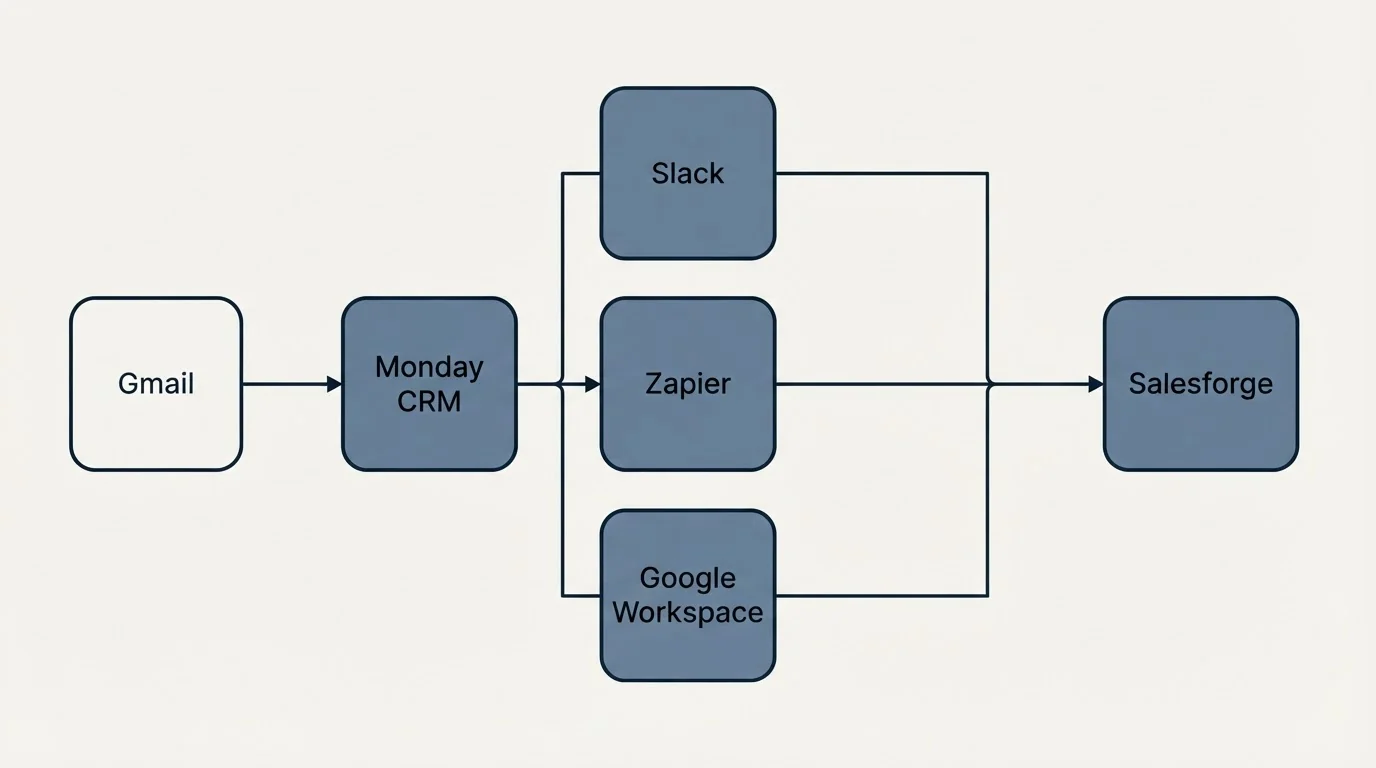 Integration flow: Integration Ecosystem (Monday CRM, Salesforge, Slack, Zapier)