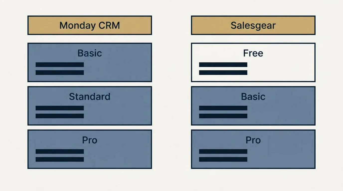 Pricing table: Pricing Comparison (Monday CRM, Salesgear, Basic, Free)