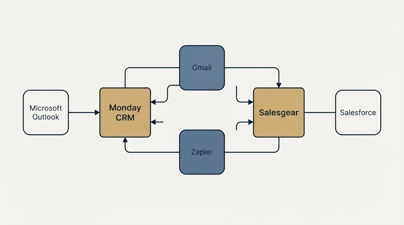 Integration schematic: Integration Ecosystem (Monday CRM, Salesgear, Gmail, Zapier)