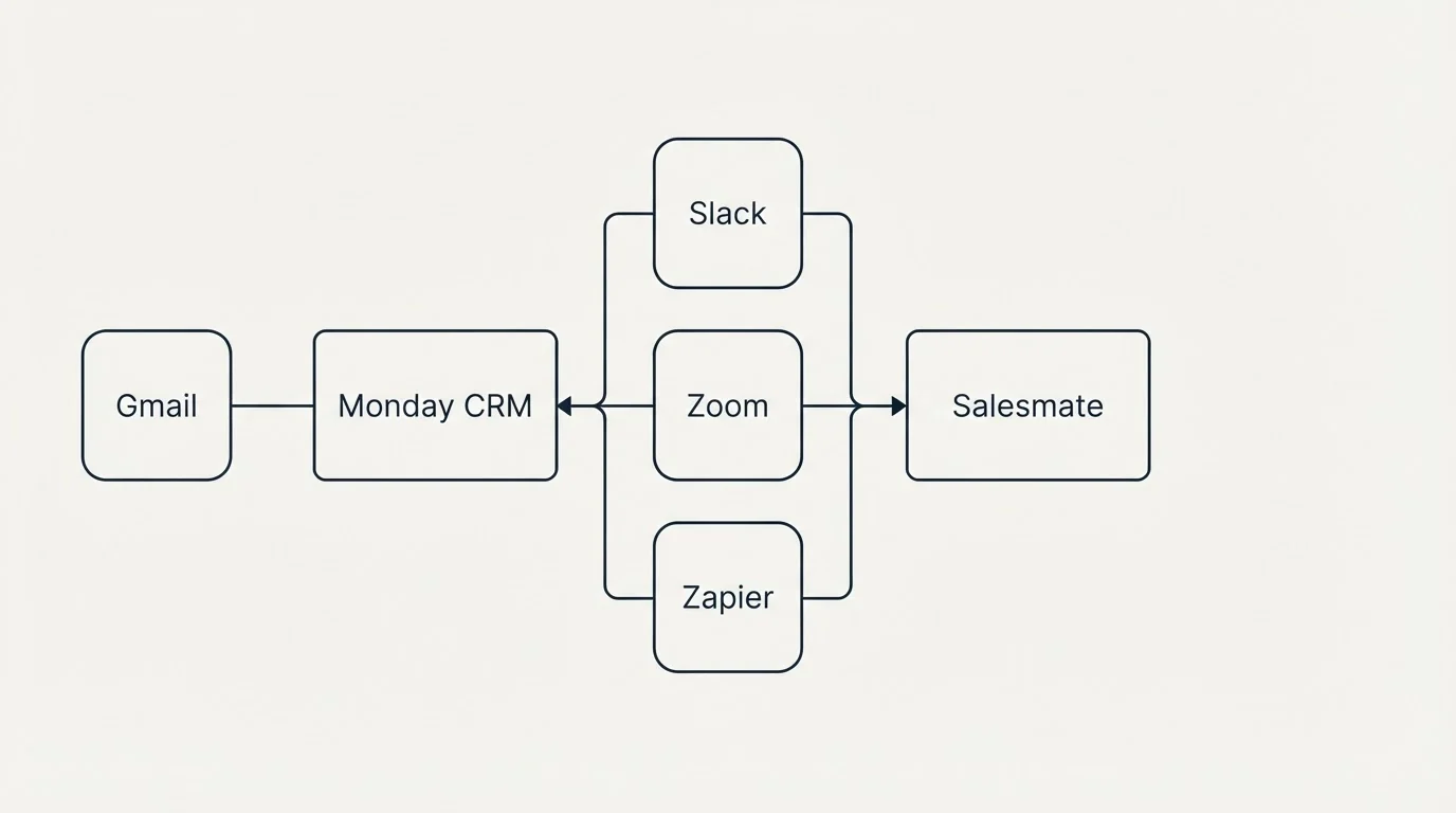 Integration flow: Integration Ecosystem (Monday CRM, Salesmate, Slack, Zoom)