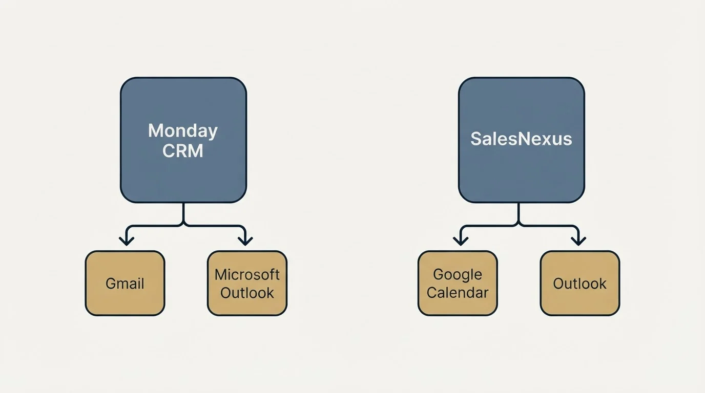 Integration flow: Integration Ecosystem (Monday CRM, SalesNexus, Gmail, Google Calendar)