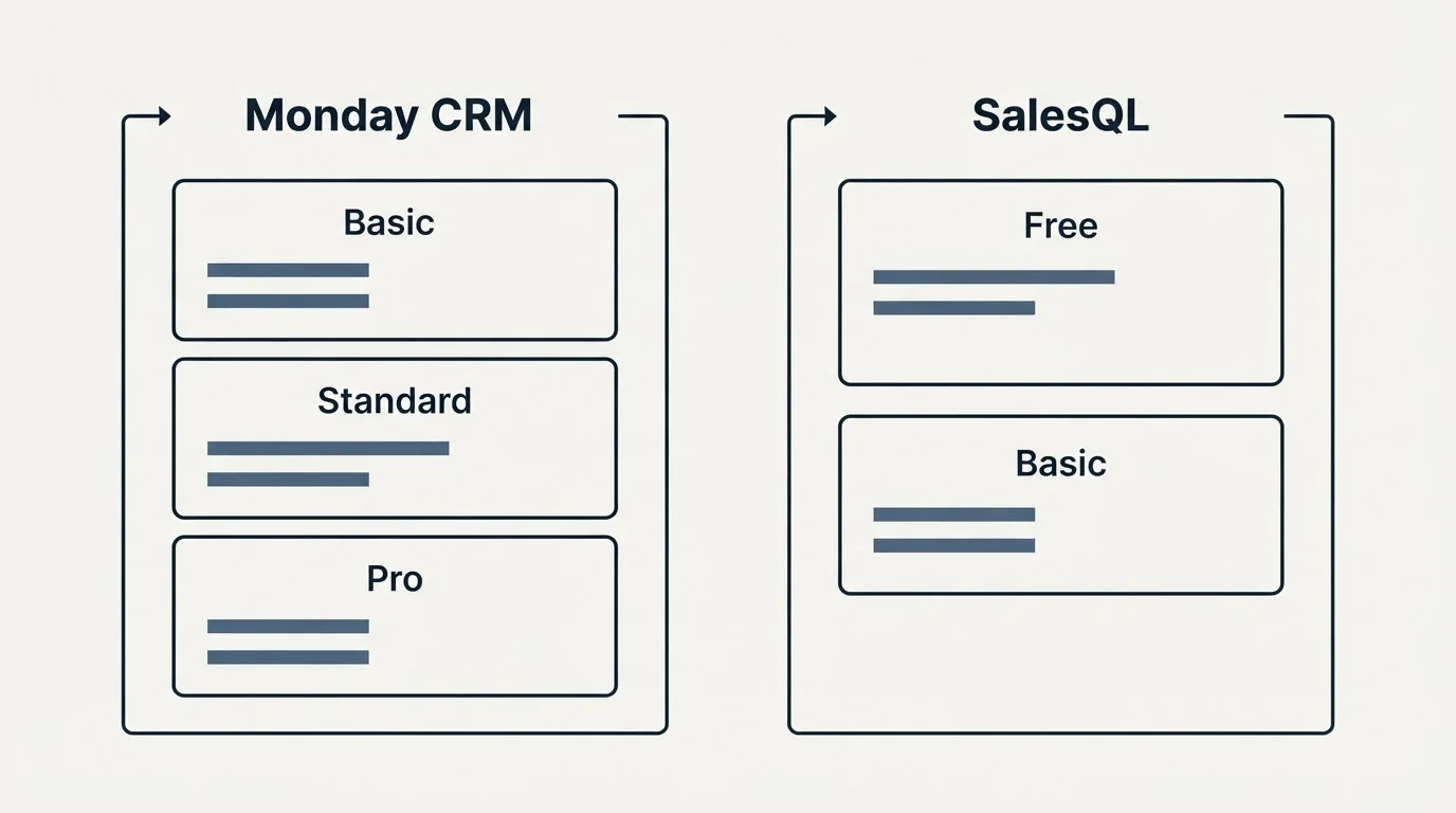 Pricing panels: Pricing Comparison (Monday CRM, SalesQL, Basic, Free)