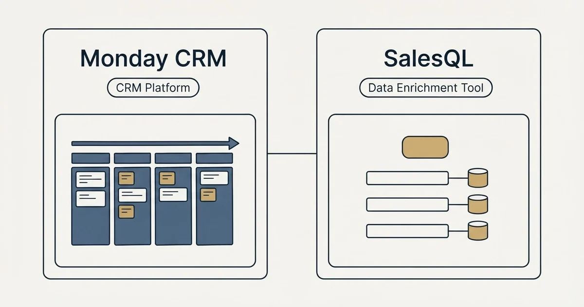 Side-by-side panels: Monday CRM vs SalesQL (CRM Platform, Data Enrichment Tool)