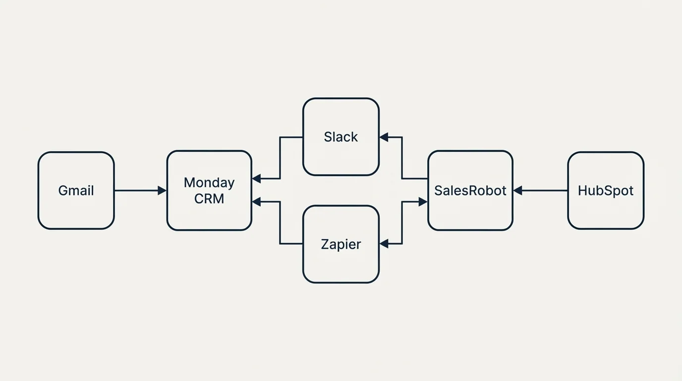 Integration flow: Integration Ecosystem (Monday CRM, SalesRobot, Slack, Zapier)