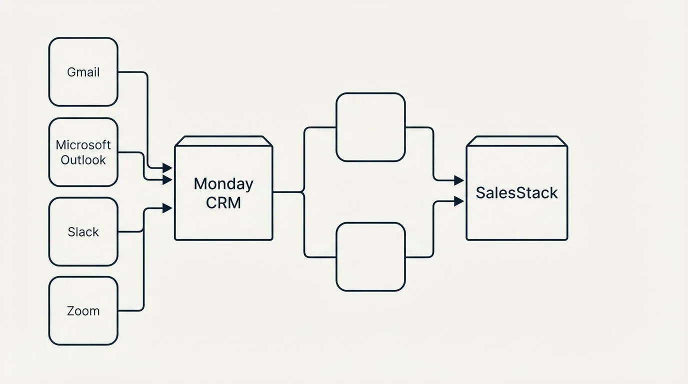 Integration flow: Integration Ecosystem (Monday CRM, SalesStack, Gmail, Microsoft Outlook)