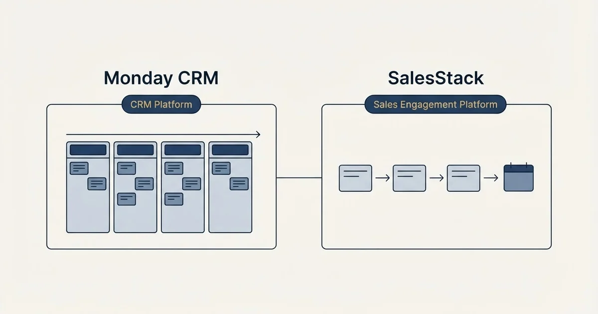 Side-by-side panels: Monday CRM vs SalesStack (CRM Platform, Sales Engagement Platform)
