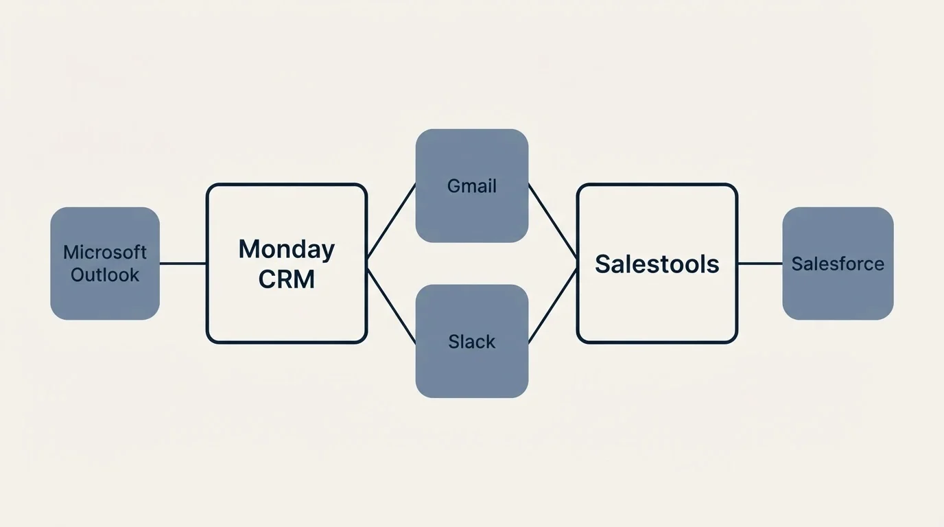 Integration schematic: Integration Ecosystem (Monday CRM, Salestools, Gmail, Slack)