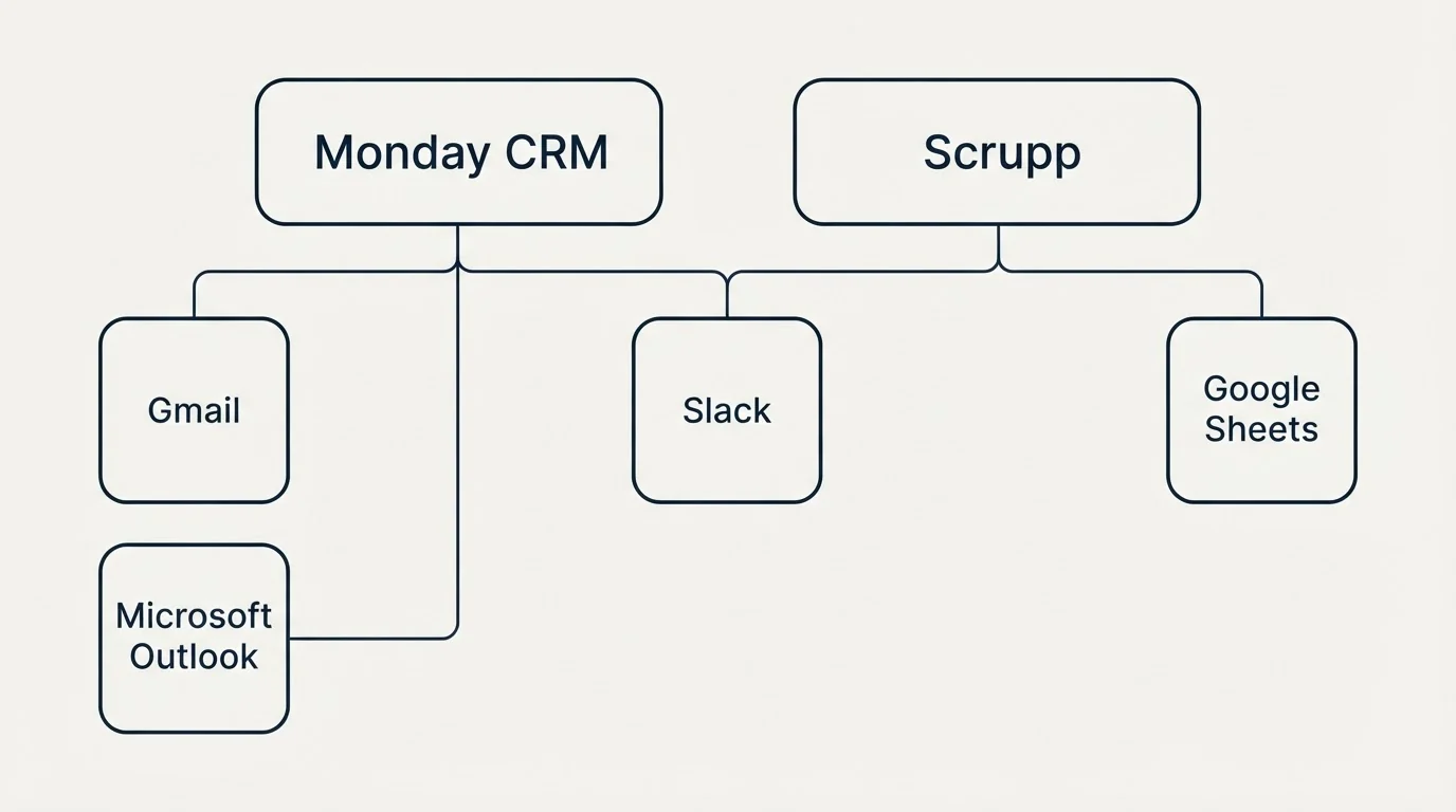 Integration grid: Integration Ecosystem (Monday CRM, Scrupp, Slack, Gmail)