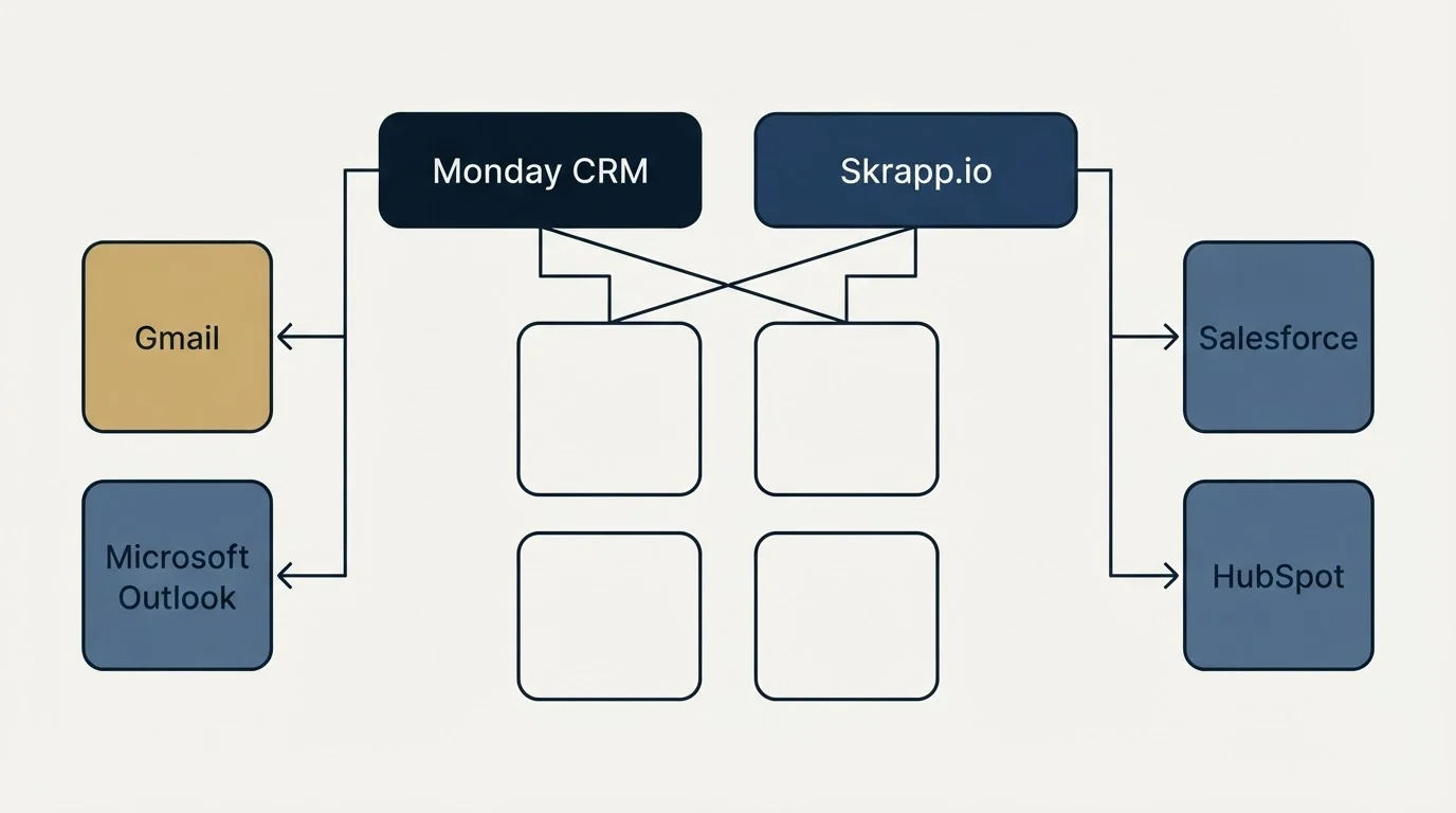 Integration grid: Integration Ecosystem (Monday CRM, Skrapp.io, Gmail, Salesforce)