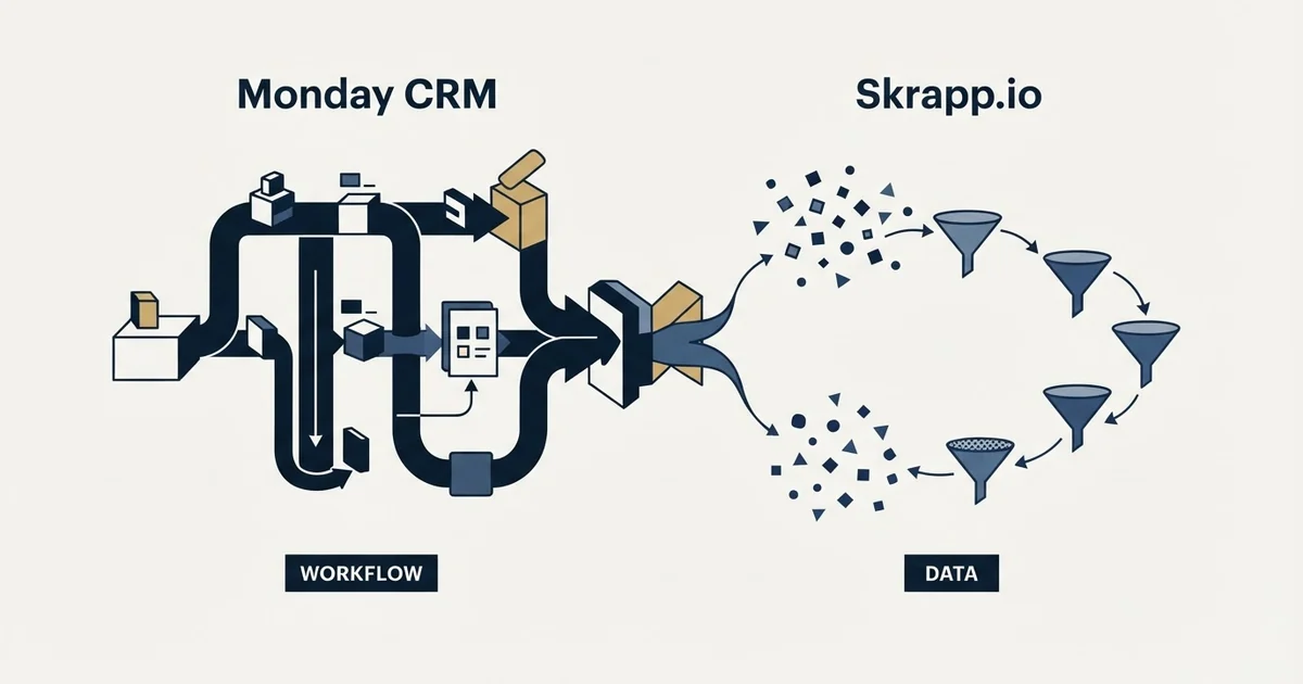 Editorial illustration for Monday CRM vs Skrapp.io