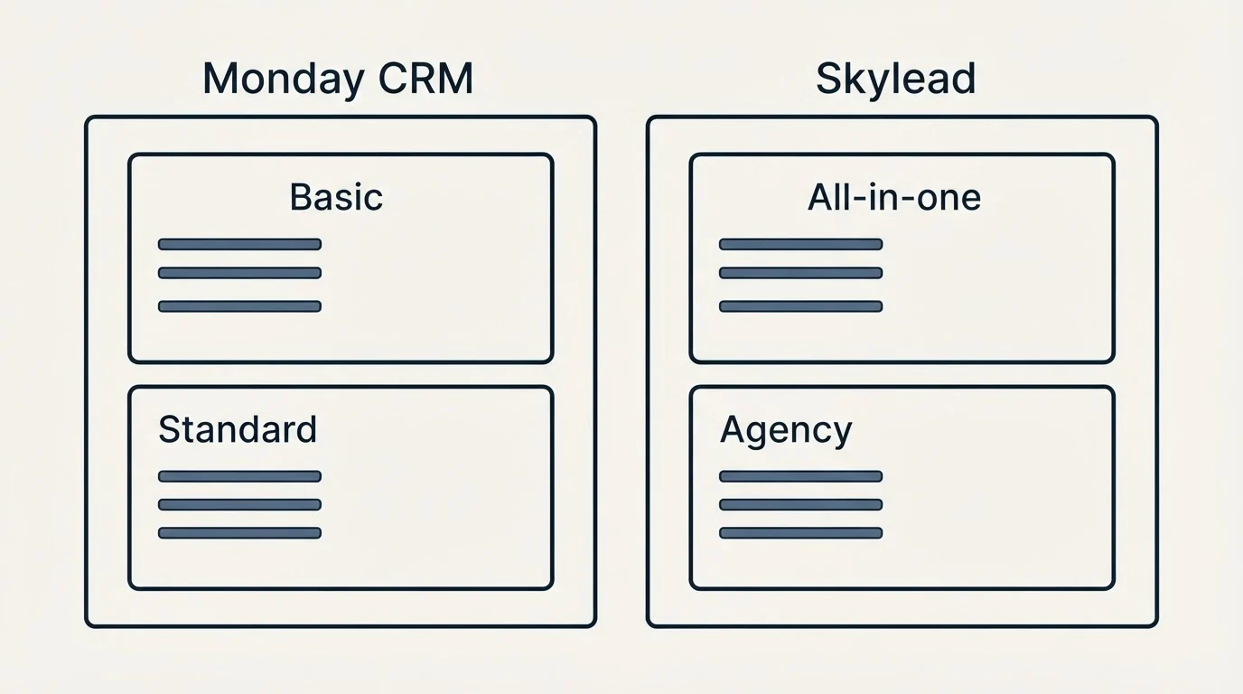 Pricing panels: Pricing Comparison (Monday CRM, Skylead, Basic, All-in-one)