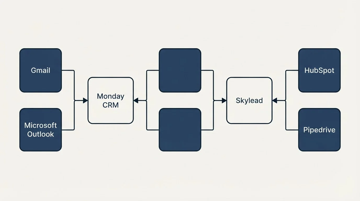 Integration schematic: Integration Ecosystem (Monday CRM, Skylead, Gmail, HubSpot)