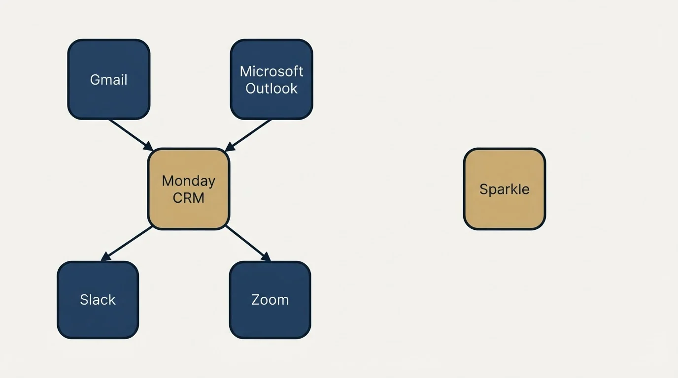 Integration schematic: Integration Ecosystem (Monday CRM, Sparkle, Gmail, Microsoft Outlook)