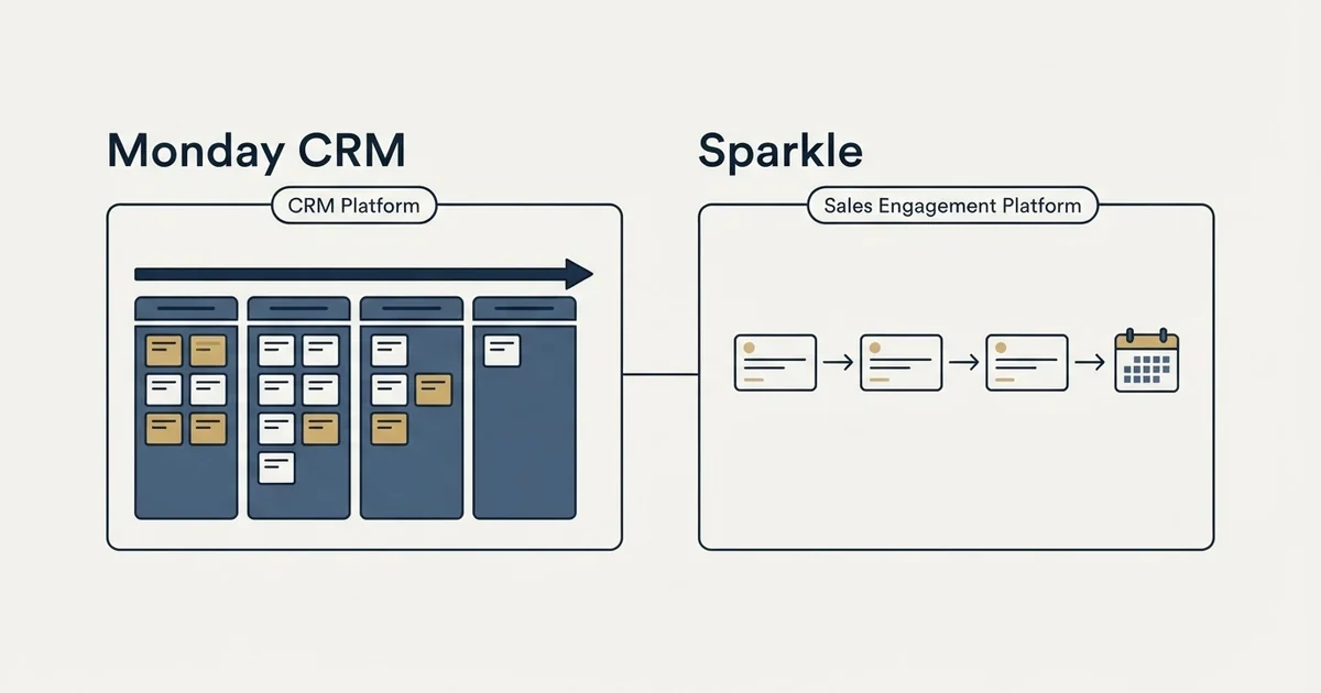 Side-by-side panels: Monday CRM vs Sparkle (CRM Platform, Sales Engagement Platform)