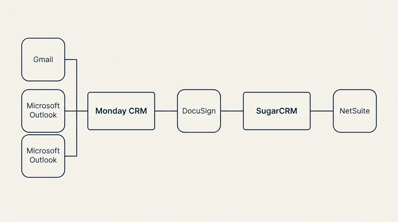 Integration flow: Integration Ecosystem (Monday CRM, SugarCRM, DocuSign, Gmail)