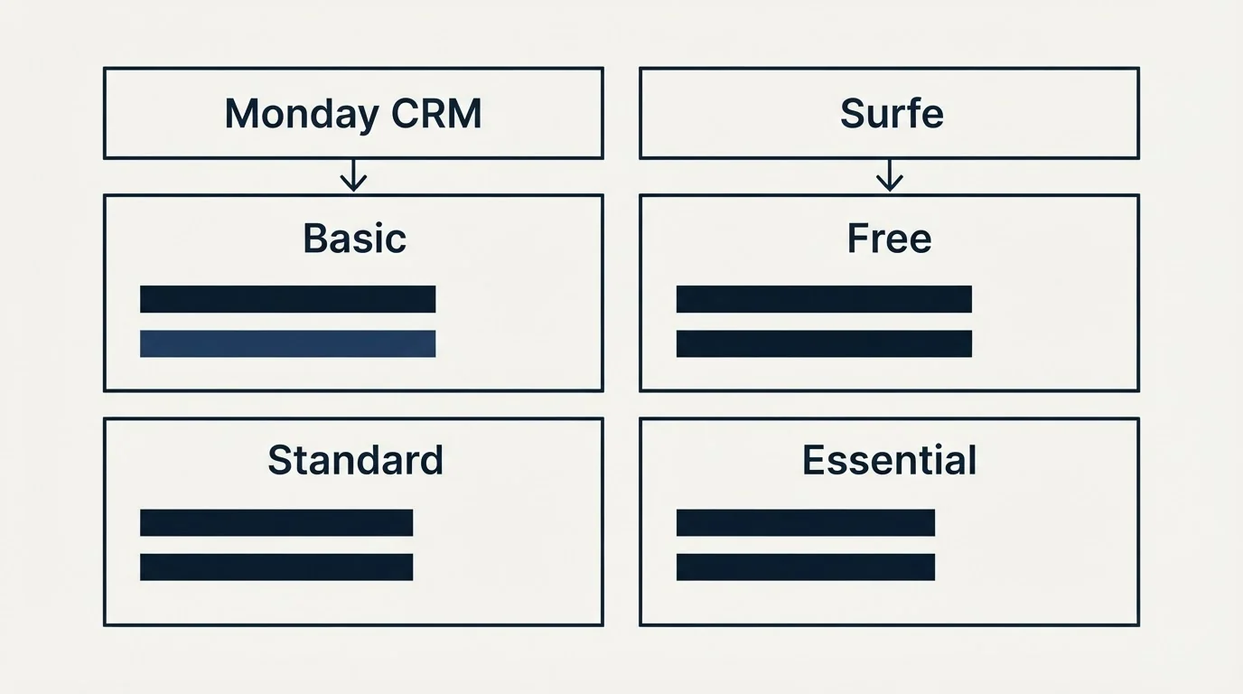 Pricing table: Pricing Comparison (Monday CRM, Surfe, Basic, Free)