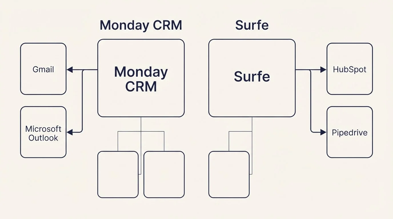 Integration grid: Integration Ecosystem (Monday CRM, Surfe, Gmail, HubSpot)