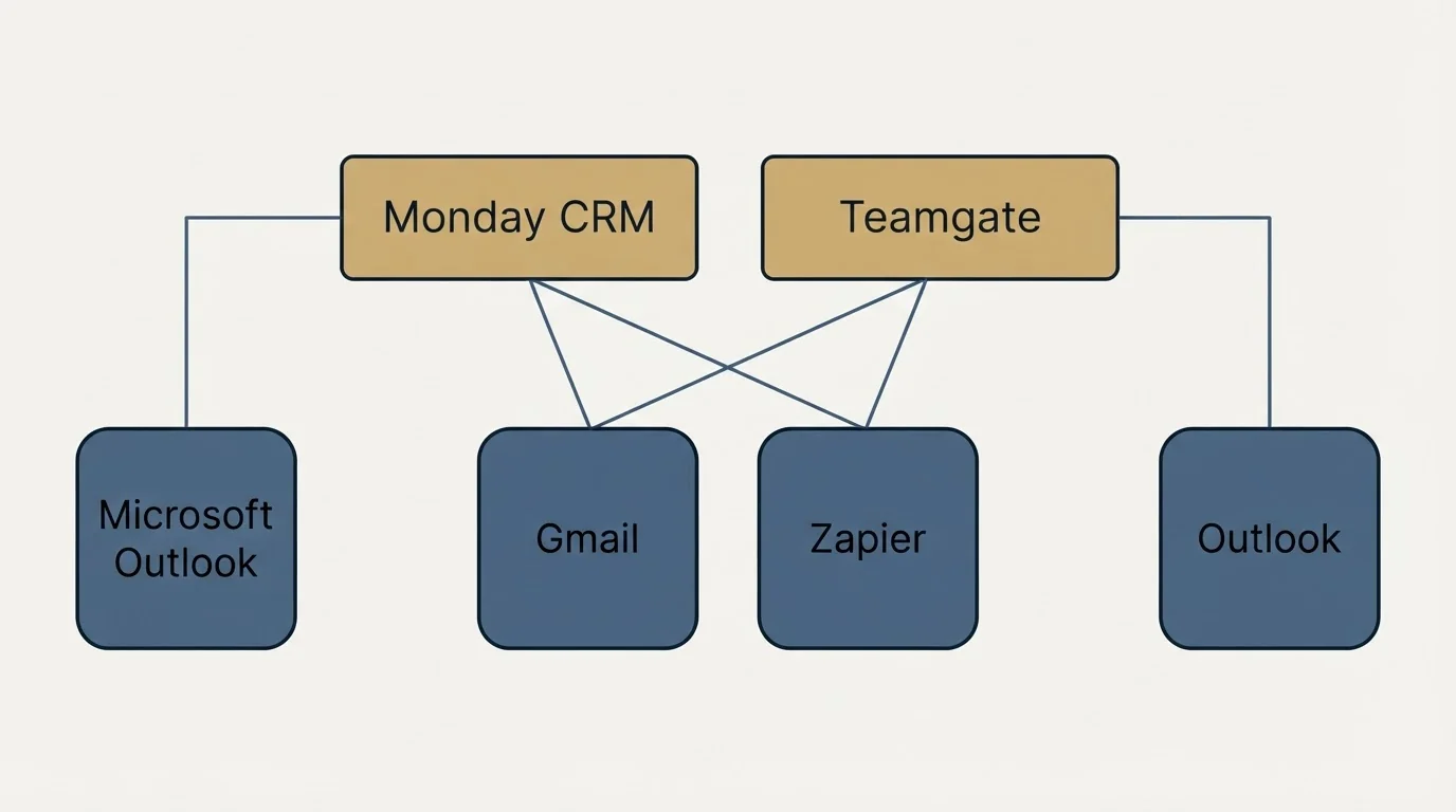 Integration grid: Integration Ecosystem (Monday CRM, Teamgate, Gmail, Zapier)