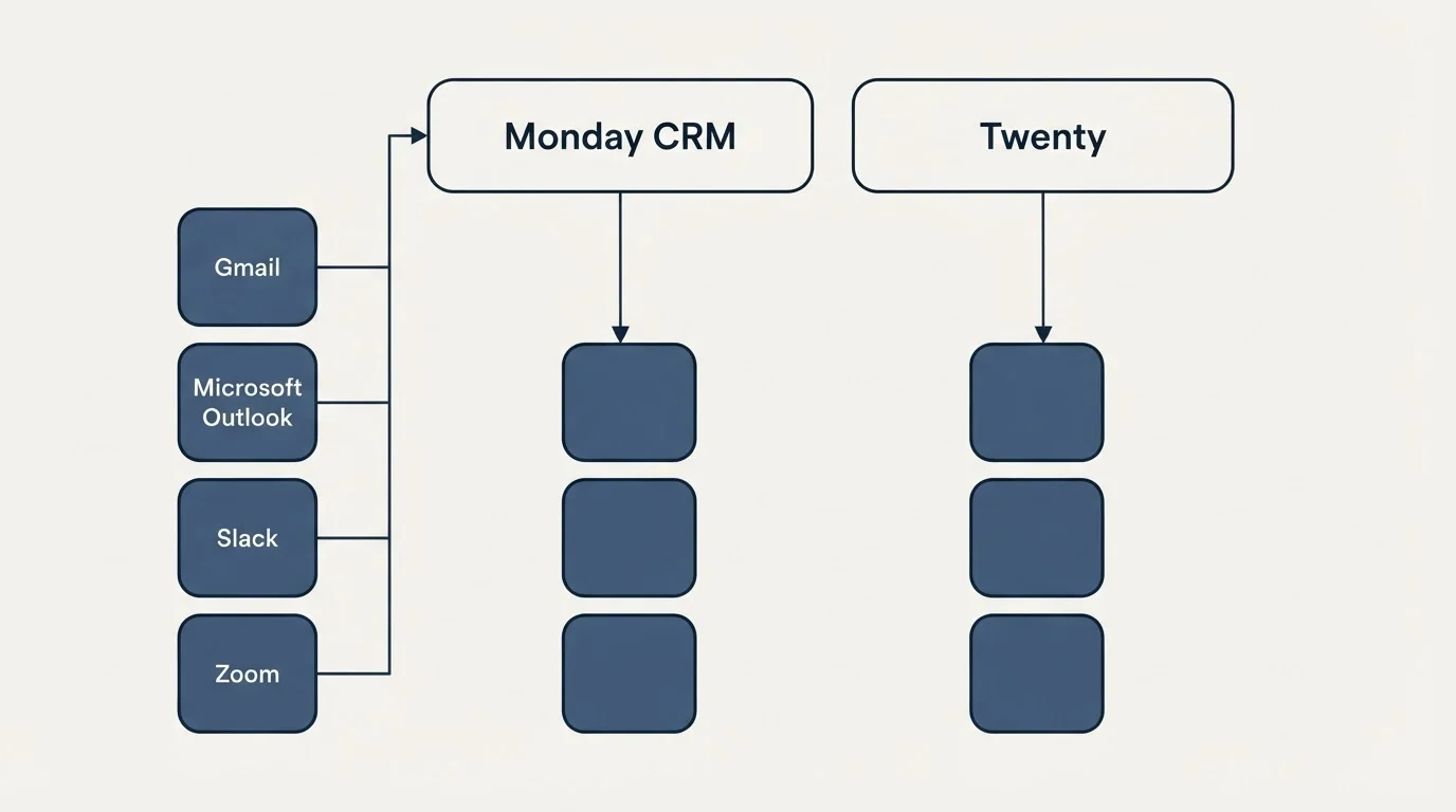 Integration grid: Integration Ecosystem (Monday CRM, Twenty, Gmail, Microsoft Outlook)