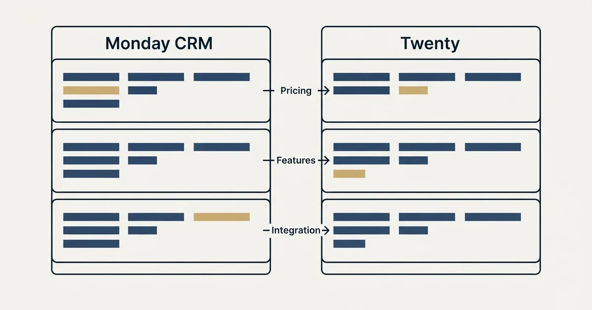 Comparison panel: Monday CRM vs Twenty (Pricing, Features, Integration)