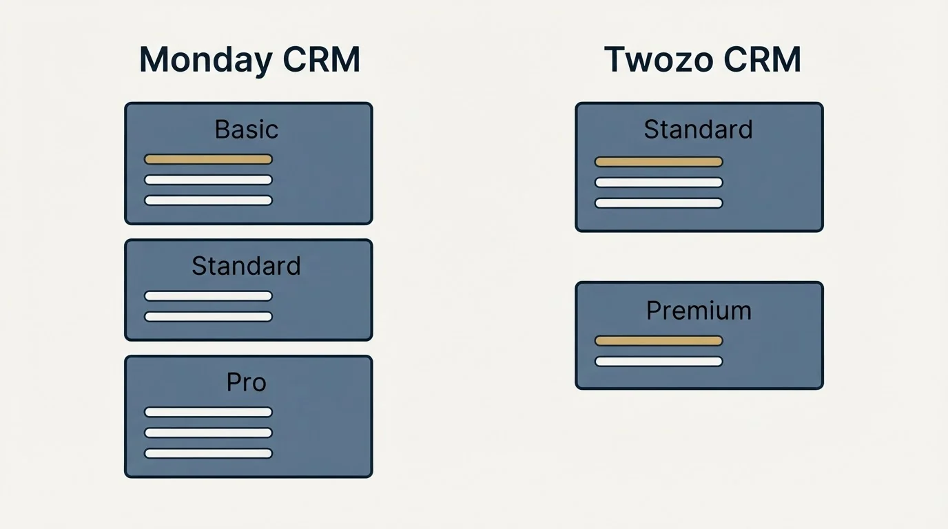 Pricing panels: Pricing Comparison (Monday CRM, Twozo CRM, Basic, Standard)