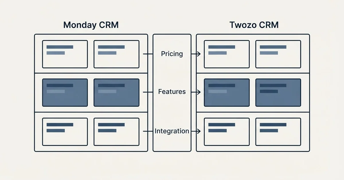 Comparison panel: Monday CRM vs Twozo CRM (Pricing, Features, Integration)