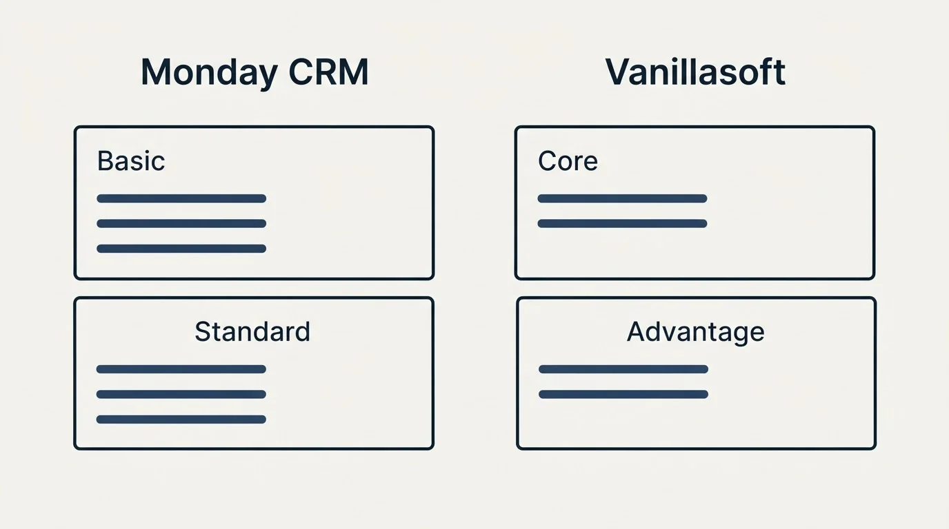 Pricing panels: Pricing Comparison (Monday CRM, Vanillasoft, Basic, Core)