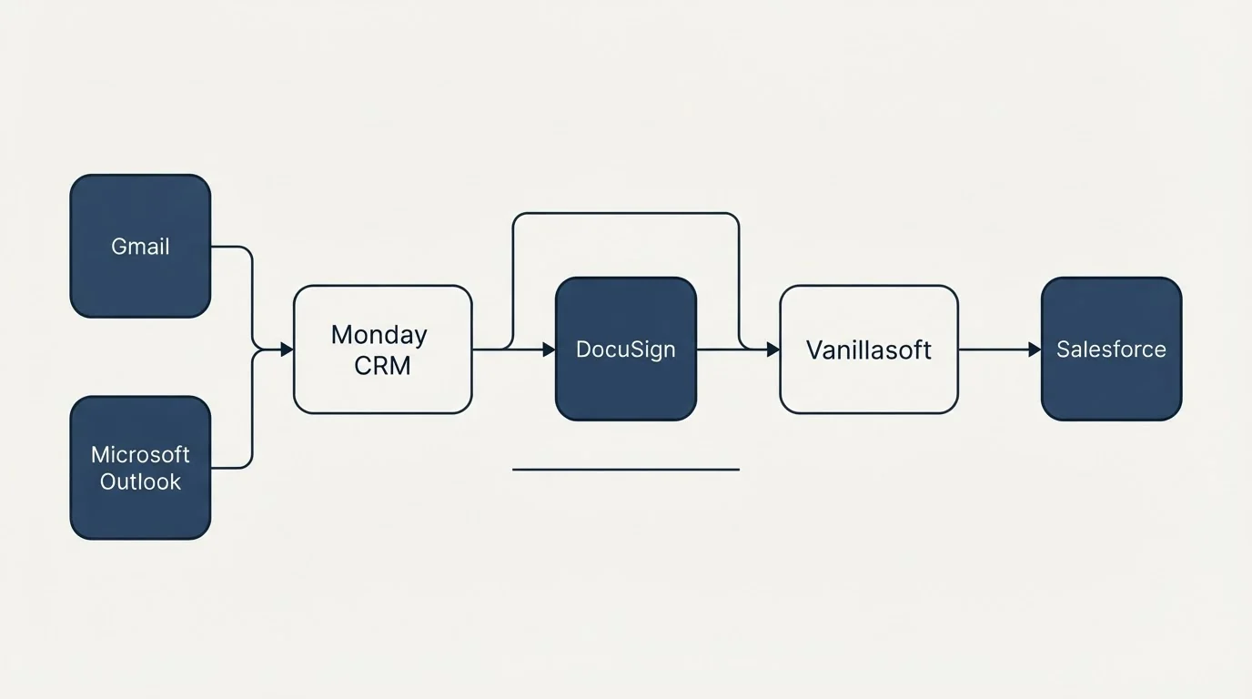 Integration flow: Integration Ecosystem (Monday CRM, Vanillasoft, DocuSign, Gmail)