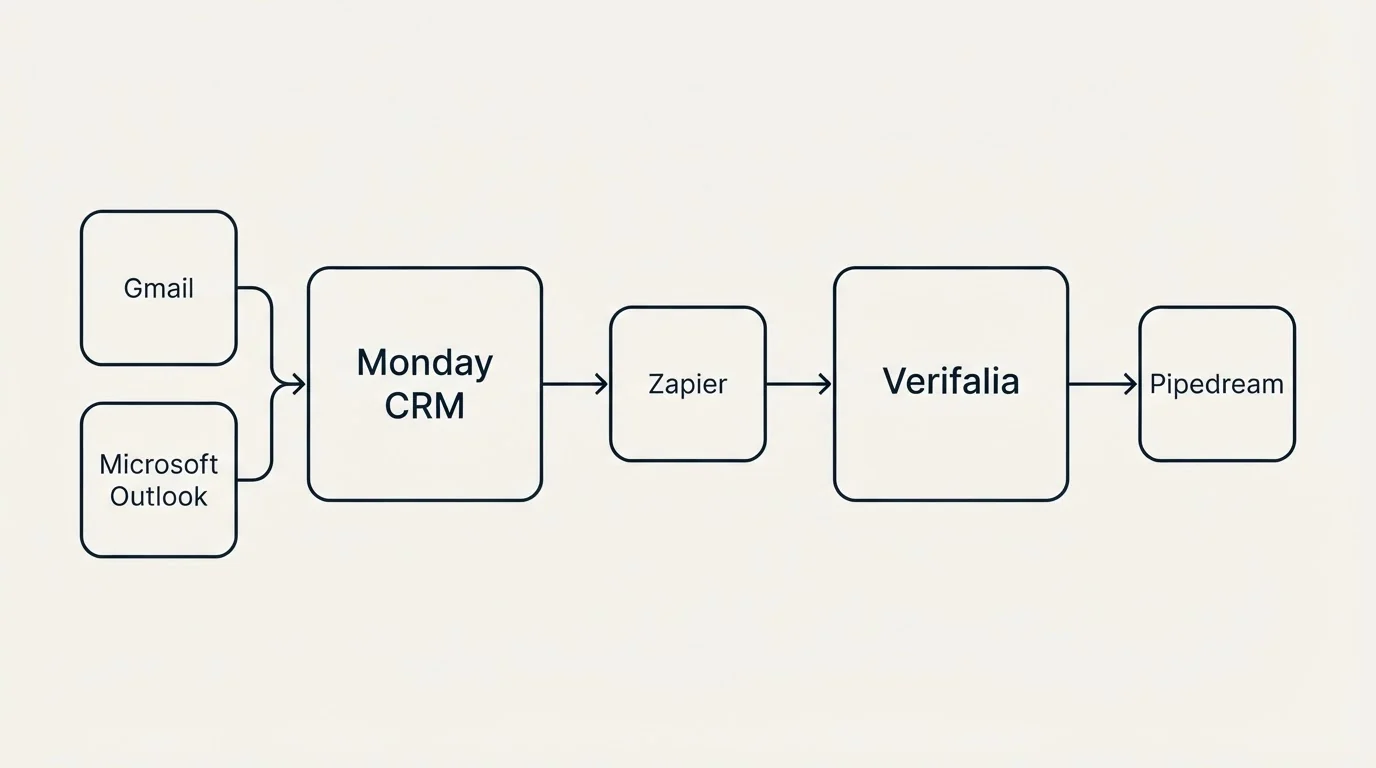 Integration flow: Integration Ecosystem (Monday CRM, Verifalia, Zapier, Gmail)
