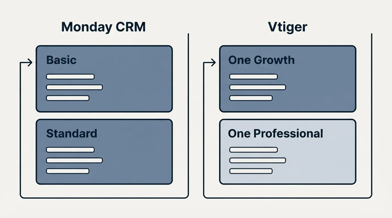 Pricing panels: Pricing Comparison (Monday CRM, Vtiger, Basic, One Growth)