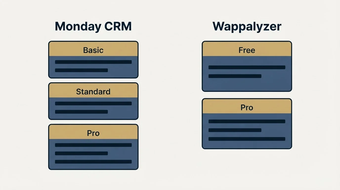 Pricing panels: Pricing Comparison (Monday CRM, Wappalyzer, Basic, Free)