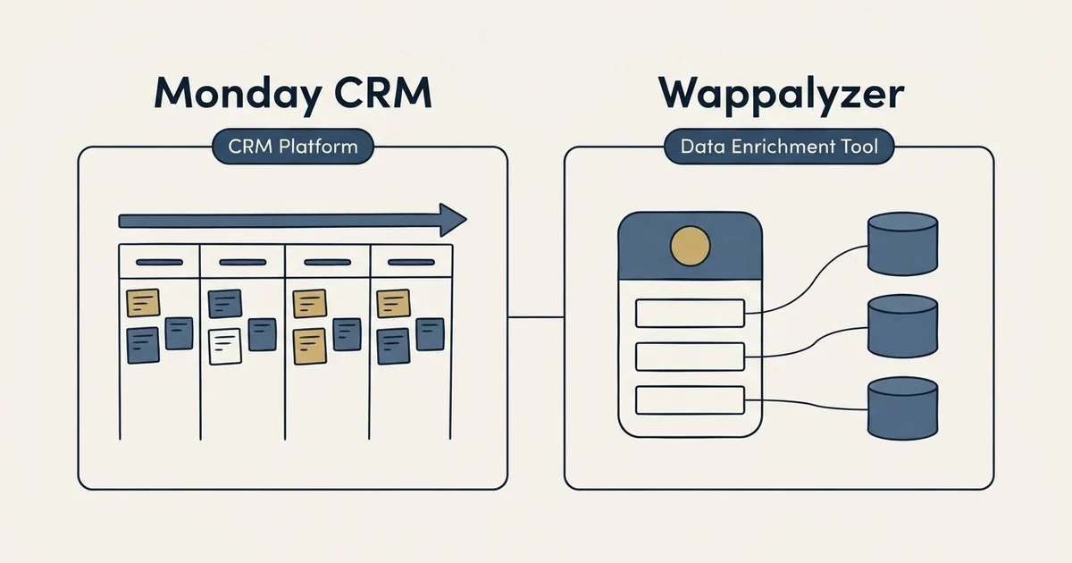 Side-by-side panels: Monday CRM vs Wappalyzer (CRM Platform, Data Enrichment Tool)