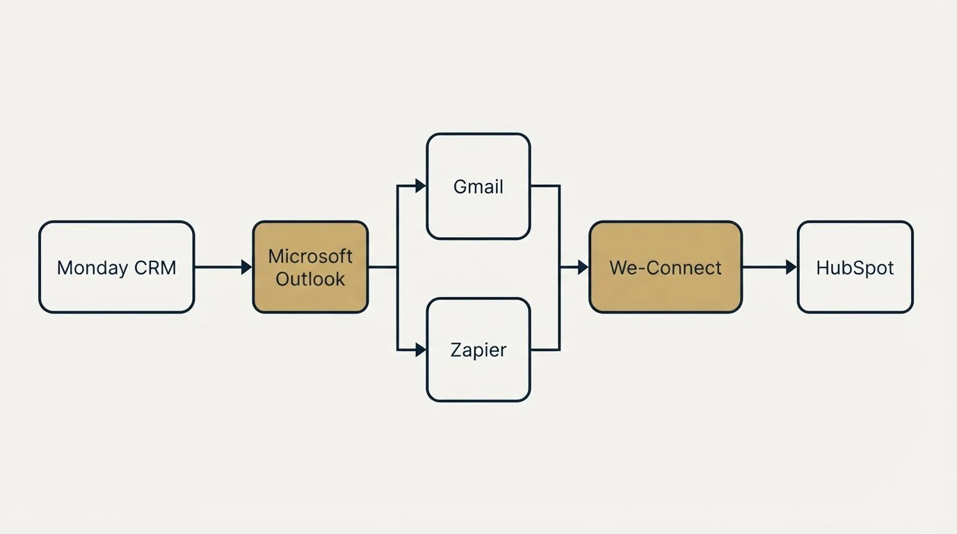 Integration flow: Integration Ecosystem (Monday CRM, We-Connect, Gmail, Zapier)