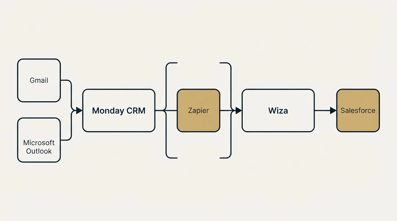 Integration flow: Integration Ecosystem (Monday CRM, Wiza, Zapier, Gmail)
