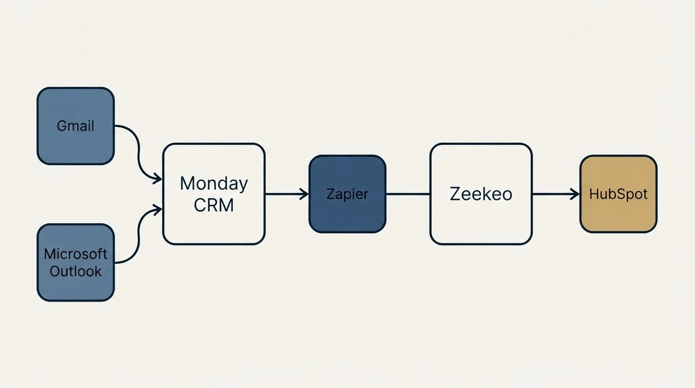 Integration schematic: Integration Ecosystem (Monday CRM, Zeekeo, Zapier, Gmail)