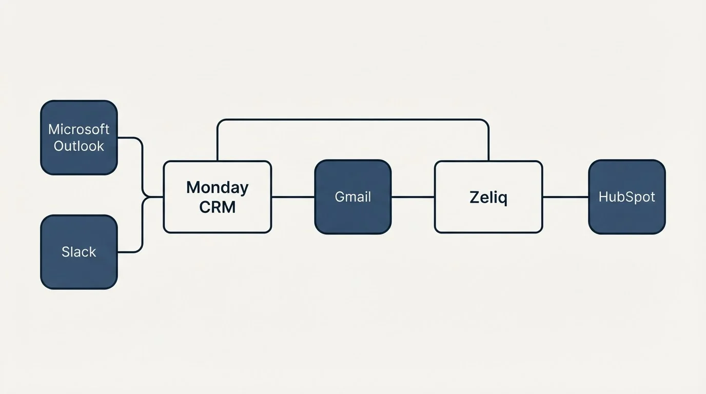 Integration schematic: Integration Ecosystem (Monday CRM, Zeliq, Gmail, Microsoft Outlook)