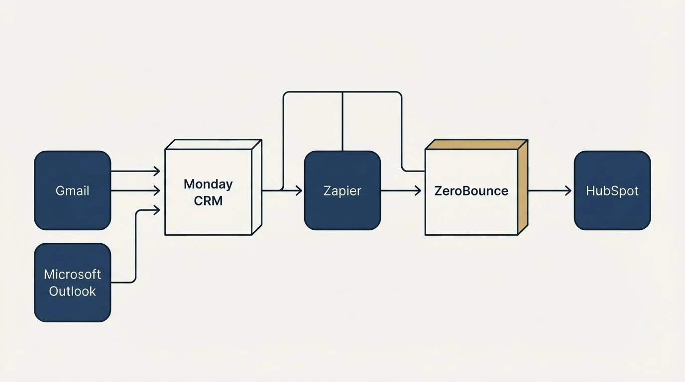 Integration flow: Integration Ecosystem (Monday CRM, ZeroBounce, Zapier, Gmail)