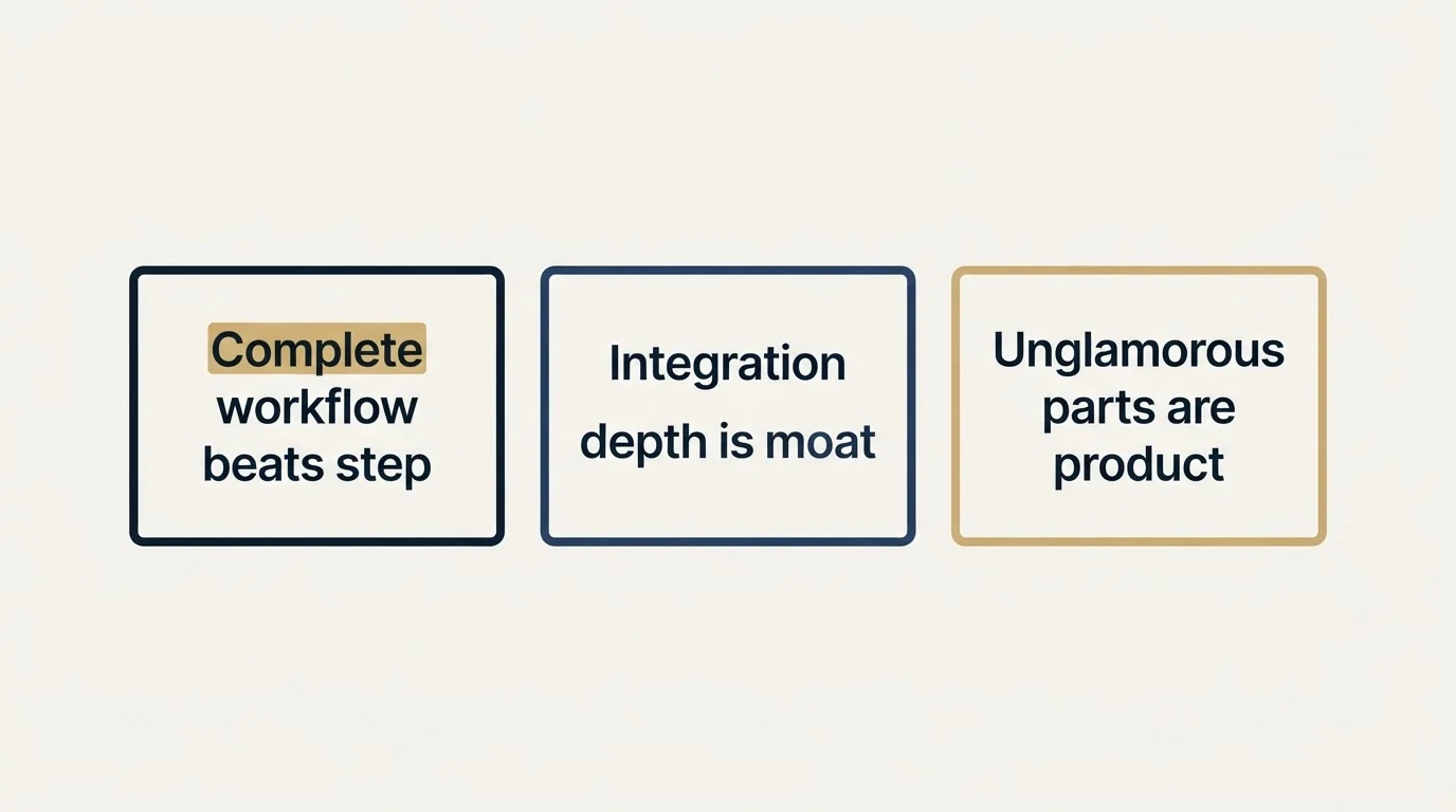 Schematic: Why This Matters If You Sell B2B Software (Complete workflow beats step, Integration depth is moat, Unglamorous parts are product)