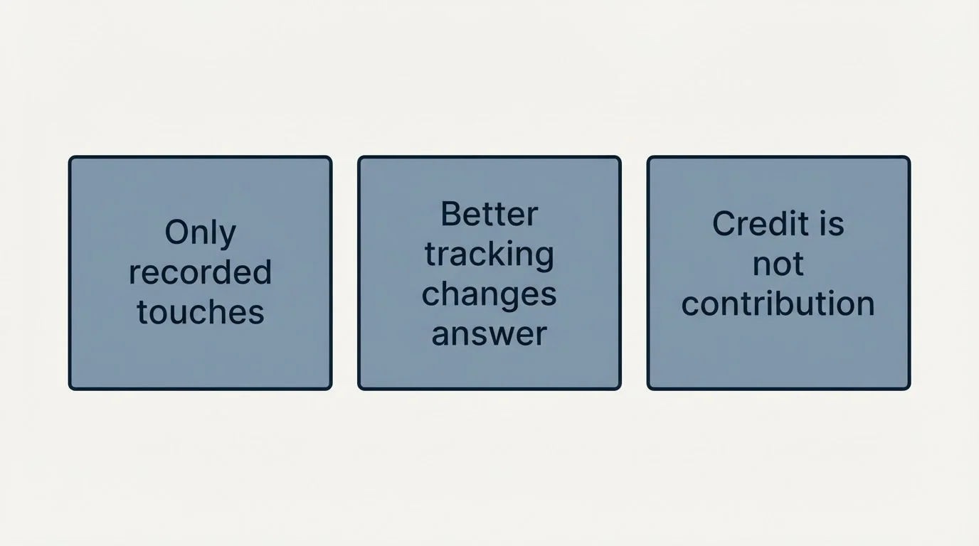 Schematic: Why it matters (Only recorded touches, Better tracking changes answer, Credit is not contribution)