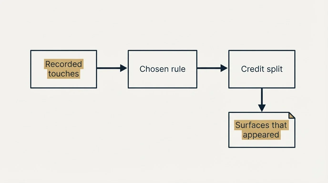 Schematic: The short version (Recorded touches, Chosen rule, Credit split, Surfaces that appeared)