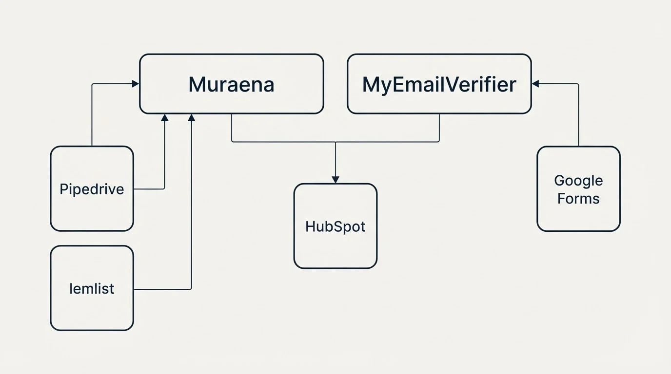 Integration grid: Integration Ecosystem (Muraena, MyEmailVerifier, HubSpot, Pipedrive)