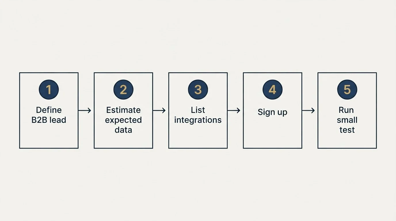 Step sequence: Getting Started Checklist (Define B2B lead, Estimate expected data, List integrations, Sign up)