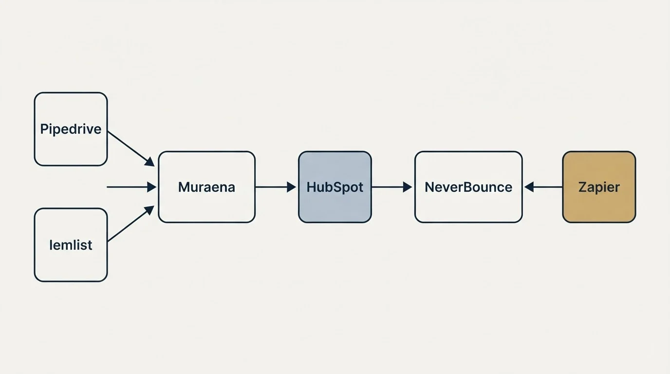 Integration flow: Integration Ecosystem (Muraena, NeverBounce, HubSpot, Pipedrive)