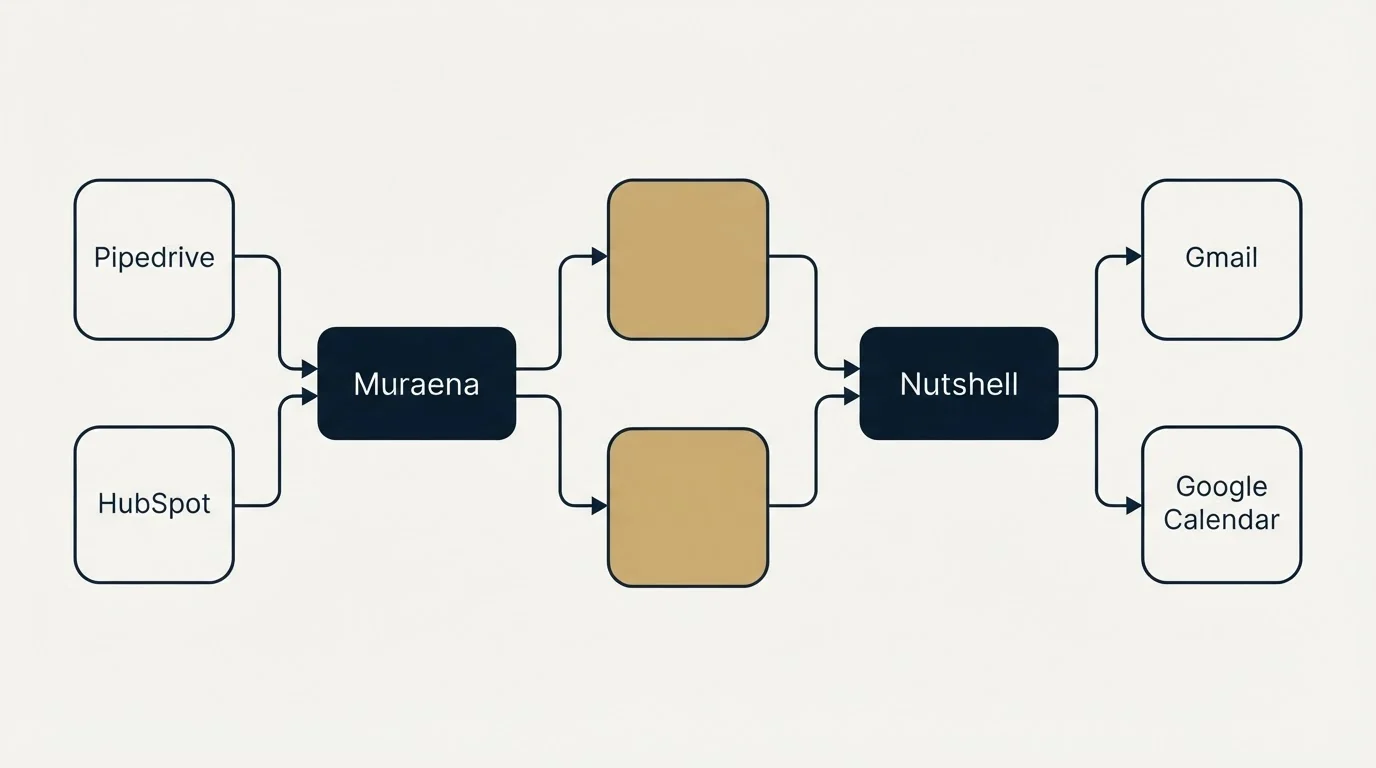 Integration schematic: Integration Ecosystem (Muraena, Nutshell, Pipedrive, Gmail)