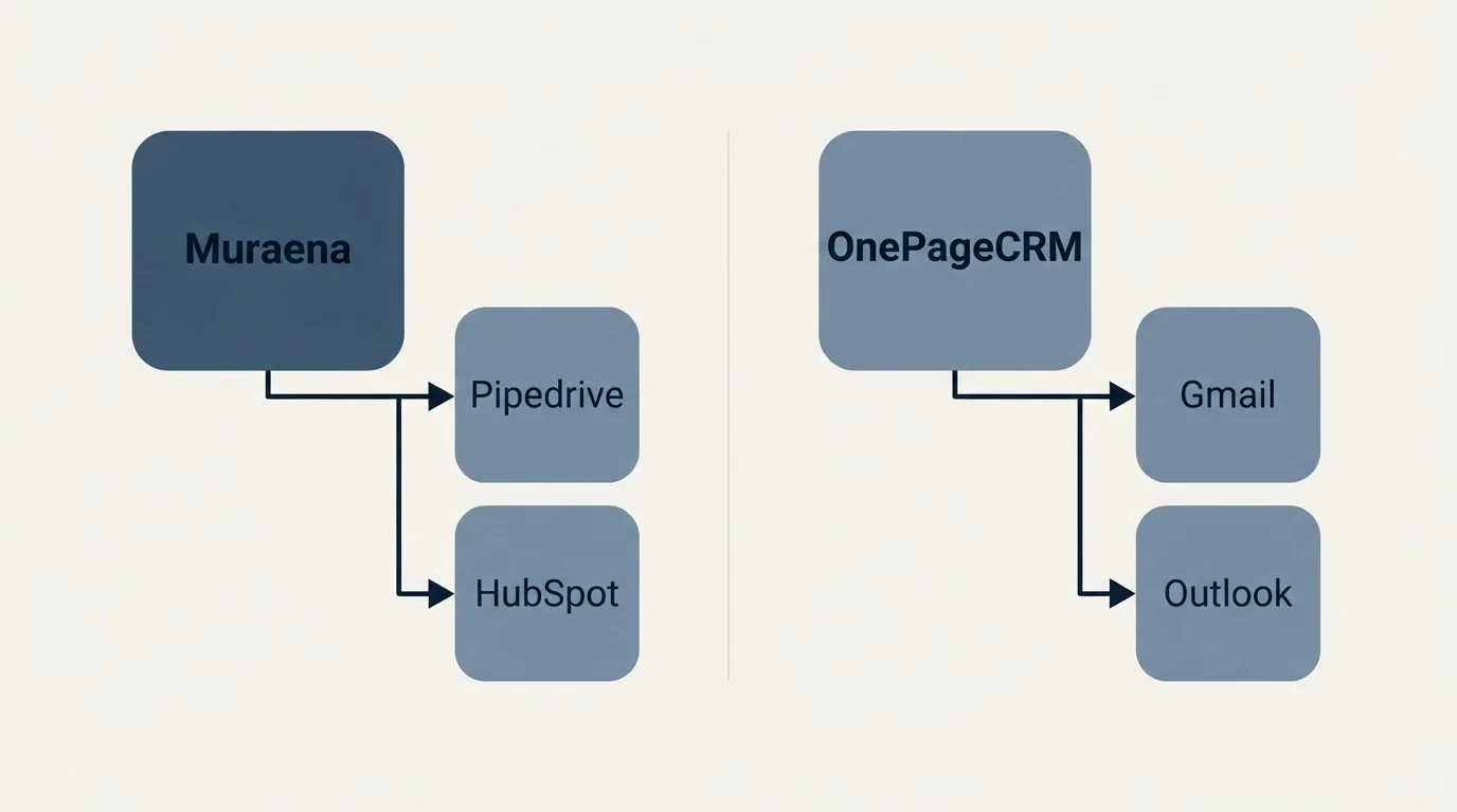 Integration grid: Integration Ecosystem (Muraena, OnePageCRM, Pipedrive, Gmail)
