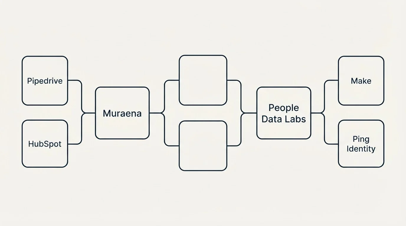 Integration schematic: Integration Ecosystem (Muraena, People Data Labs, Pipedrive, Make)