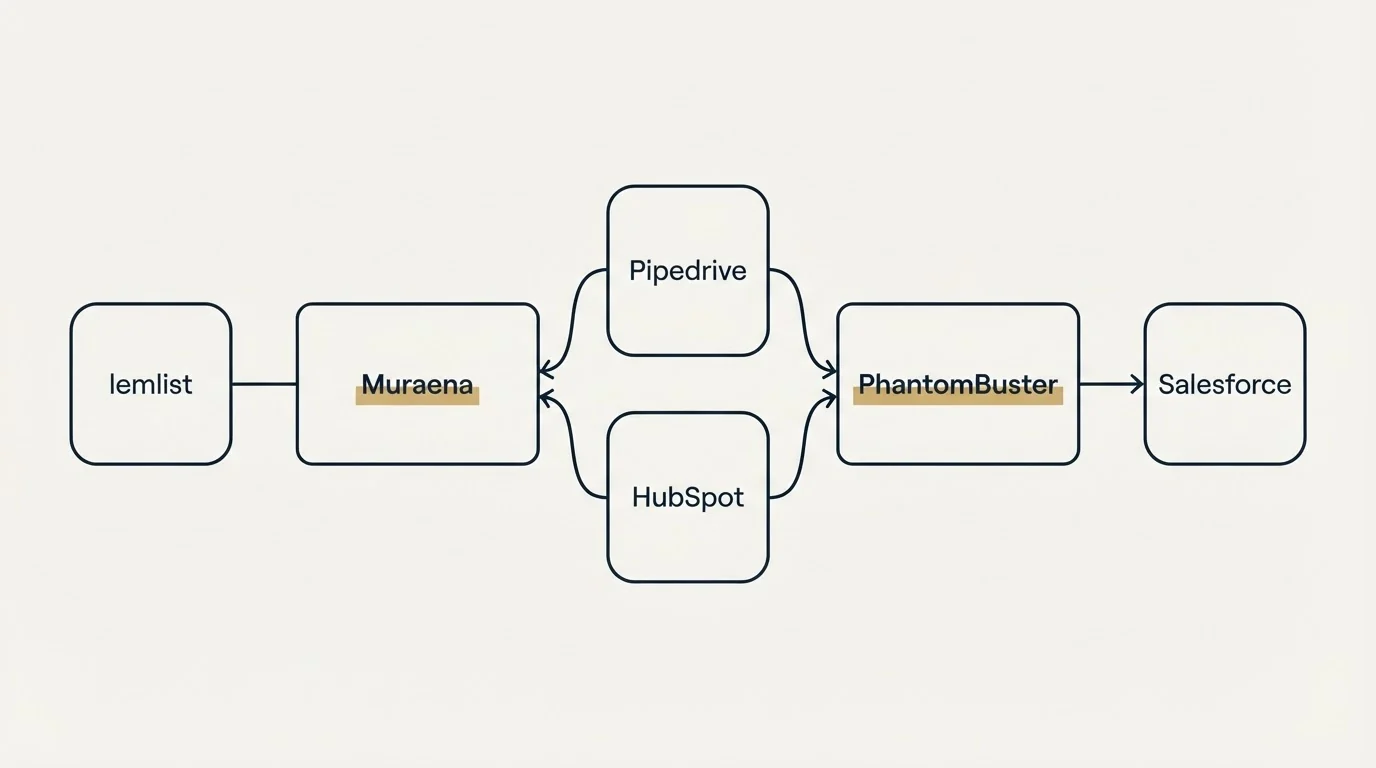 Integration schematic: Integration Ecosystem (Muraena, PhantomBuster, Pipedrive, HubSpot)