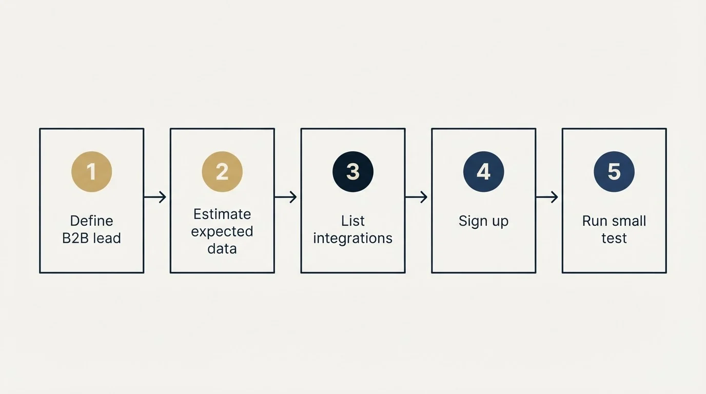 Step sequence: Getting Started Checklist (Define B2B lead, Estimate expected data, List integrations, Sign up)