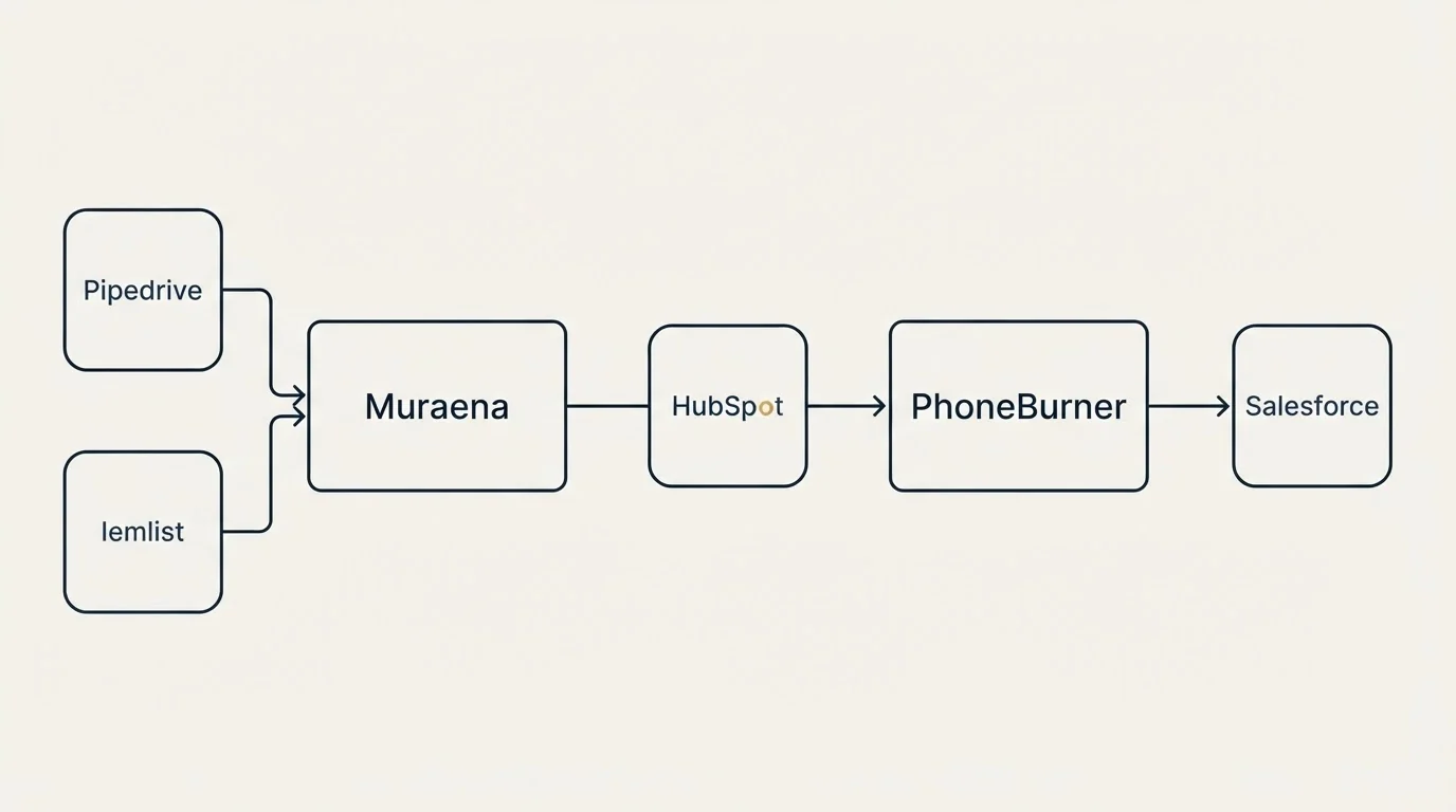 Integration schematic: Integration Ecosystem (Muraena, PhoneBurner, HubSpot, Pipedrive)